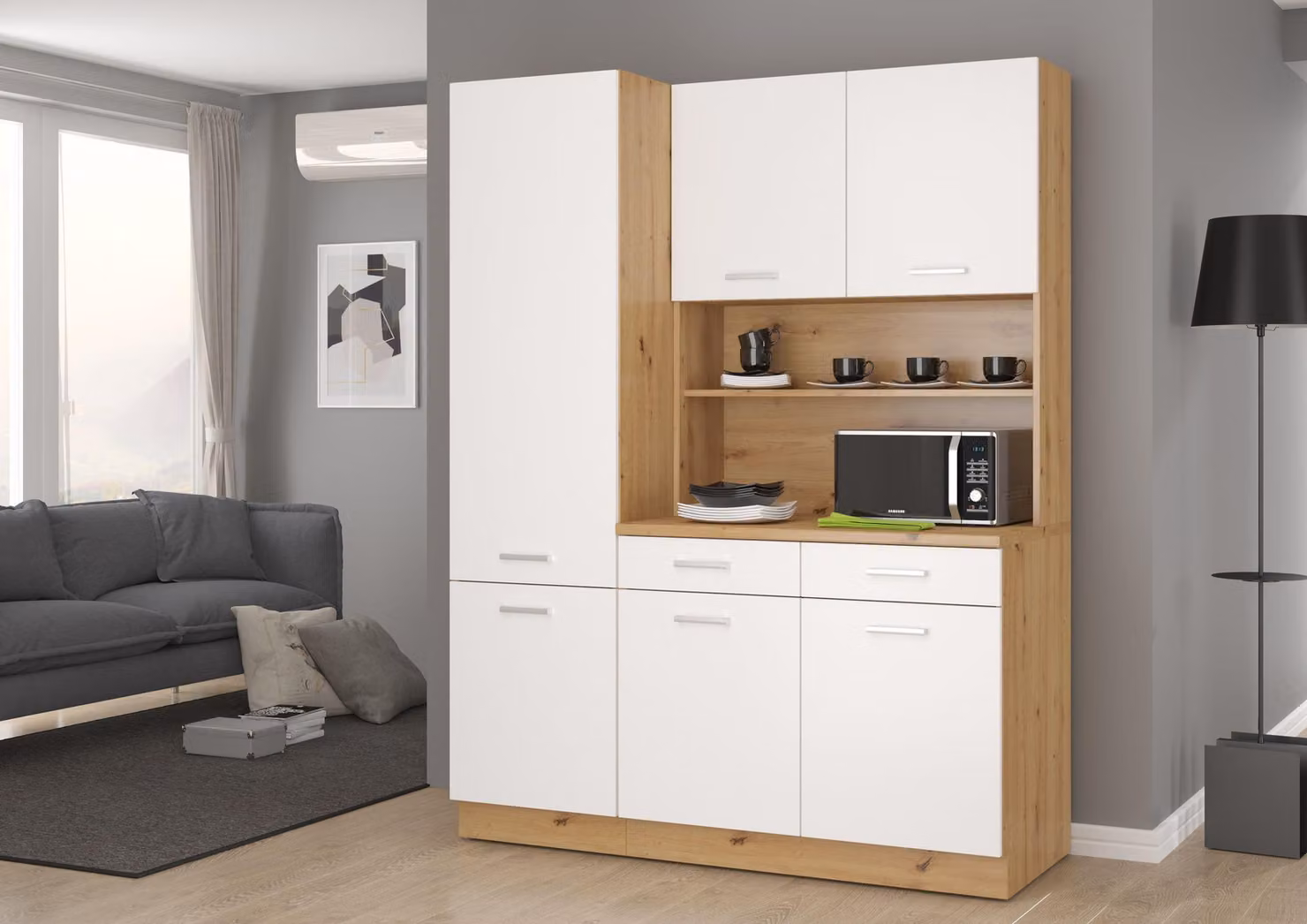Buffet Cucina Mario 150 cm Angolo cottura Blocco cucina Cucina componibile Bianco Rovere Artisan