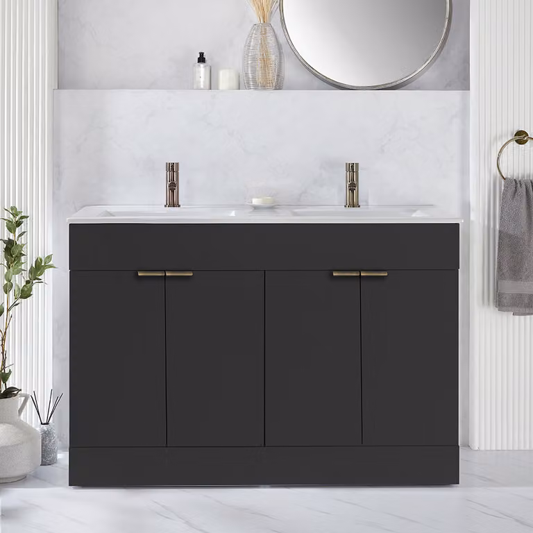 Mobile Bagno a Terra Grigio Nero da 1210mm con Doppio Lavabo e Maniglie con Impugnatura a Dito in Ottone Spazzolato - Cluo