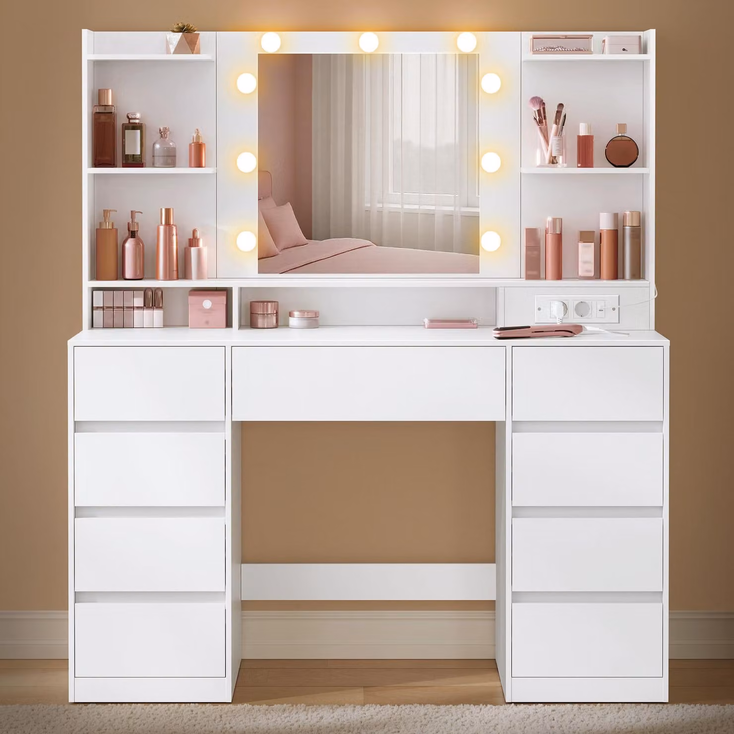 VASAGLE Tavolo da trucco con presa multipla, 9 lampadine dimmerabili, 3 colori di luce, guide scorrevoli senza attrezzi