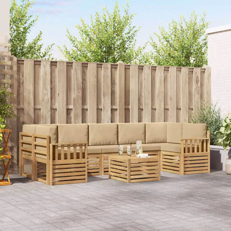 Set di divani da esterno vidaXL a forma di L composto da 8 pezzi con tavolo da caffè, in legno di acacia e tessuto resistente ai raggi UV, colore bianco e beige