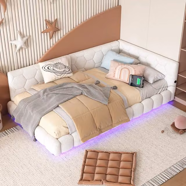 Divano letto singolo 90x200 cm; rete a 13 doghe; LED a 16 colori; prese USB e USB C; simil boucl茅 e MDF; rosa e bianco