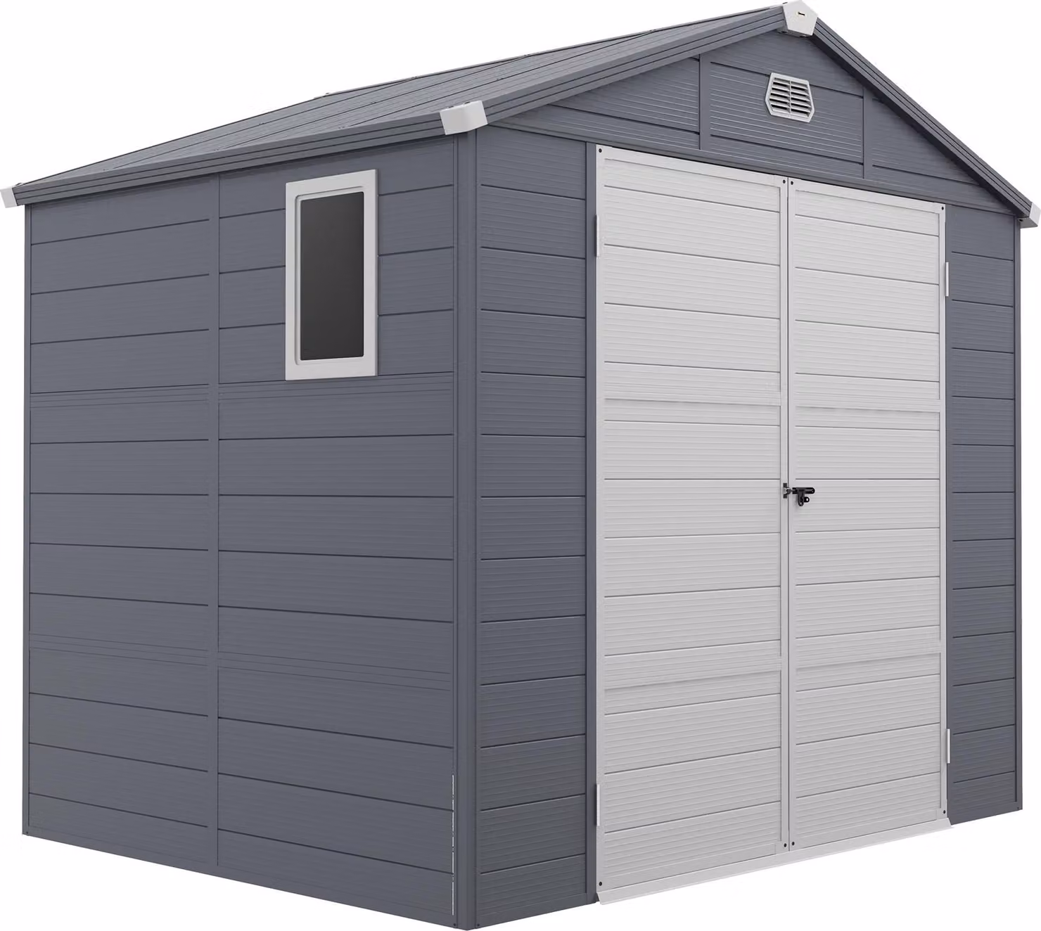 Capanno per attrezzi Moonbite, volume di 4,1 m³, con tetto a falda, porta singola con serratura, finestra laterale e 2 aperture di ventilazione, casetta da giardino in alluminio, dimensioni 240 x 190 x 228 cm, colore grigio