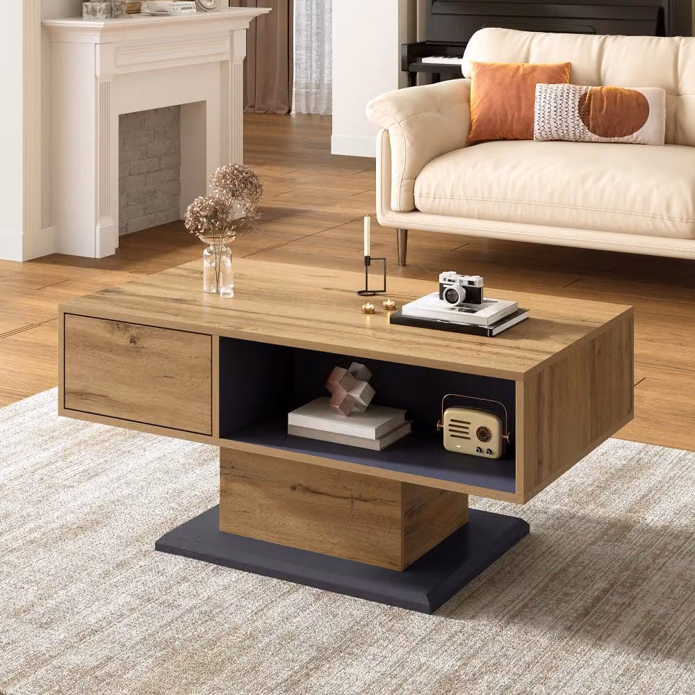 Tavolino moderno con spazio contenitivo, elegante tavolo dotato di un ampio ripiano e vano interno, struttura in metallo
