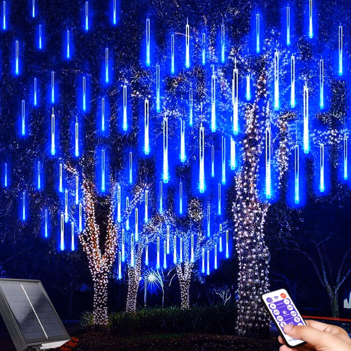 Catena luminosa a LED effetto pioggia di meteoriti, set da 10, 240 LED, alimentazione solare, grado di protezione IP65