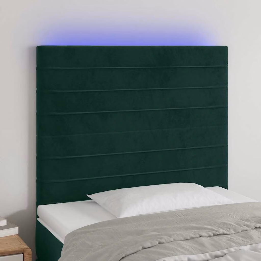 Testiera per letto vidaXL in velluto verde scuro con illuminazione LED integrata e porta di ricarica USB, L/P/H: 100 x 5 x 118/128 cm