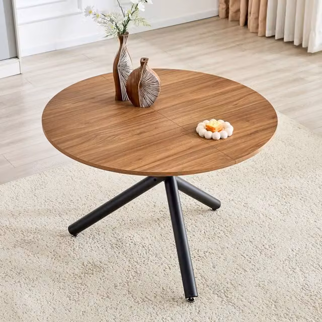 Tavolino rotondo da salotto MODFU in MDF e metallo con base a croce, colore noce e nero