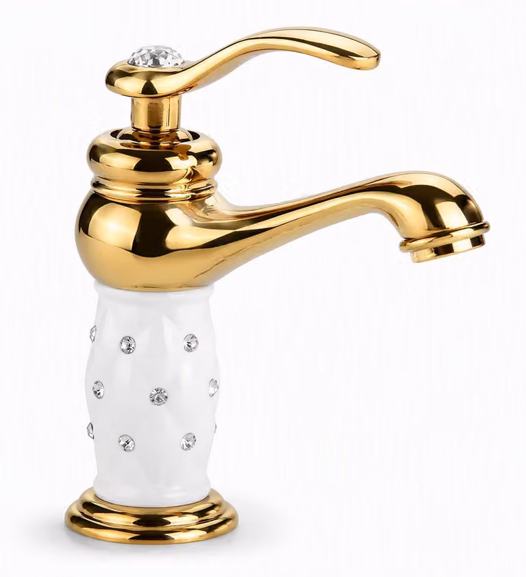 Miscelatore monocomando dorato in ottone con decorazioni, per lavabo