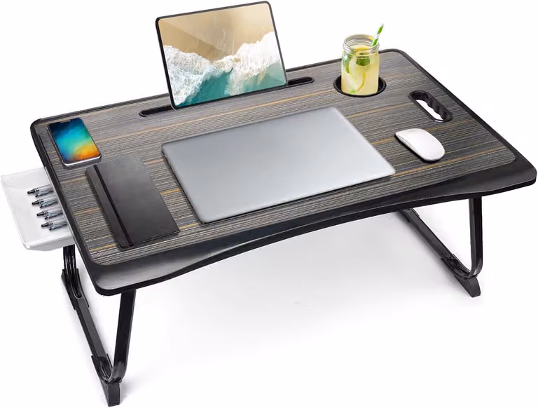 Tavolino pieghevole per laptop, con cassetto e portabicchieri, ideale per l'uso a letto