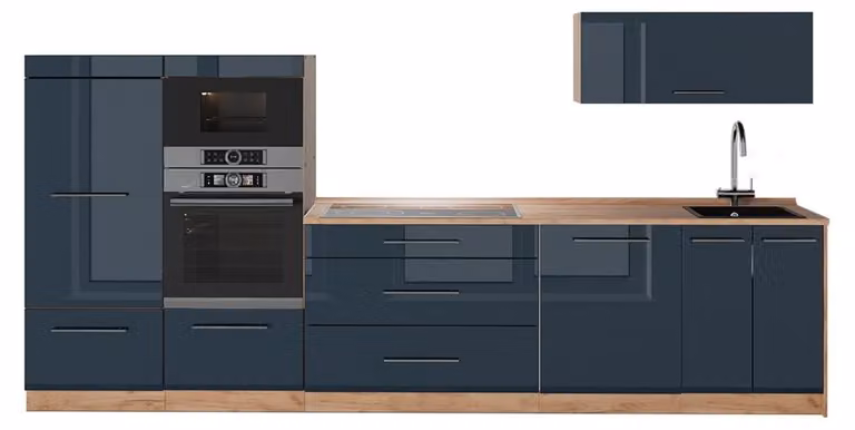 Cucina componibile Vicco Fame-Line Blu scuro lucido/Rovere dorato 340 cm, PL Rovere, Model 65753