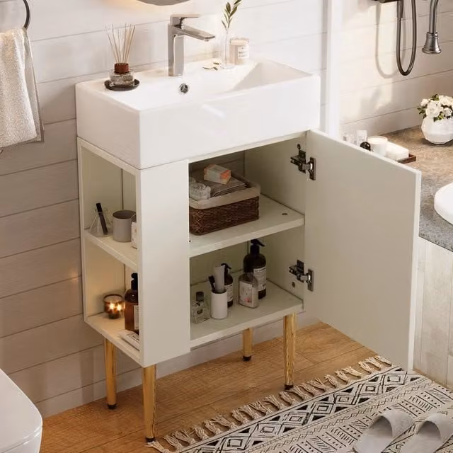 Mobile bagno sospeso in MDF effetto rovere con lavabo in ceramica e specchio