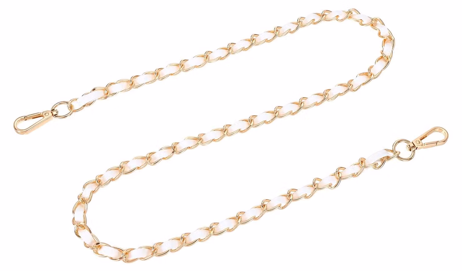 Catena a nastro piatta, in pelle e metallo, lunghezza 99 cm, color oro/bianco