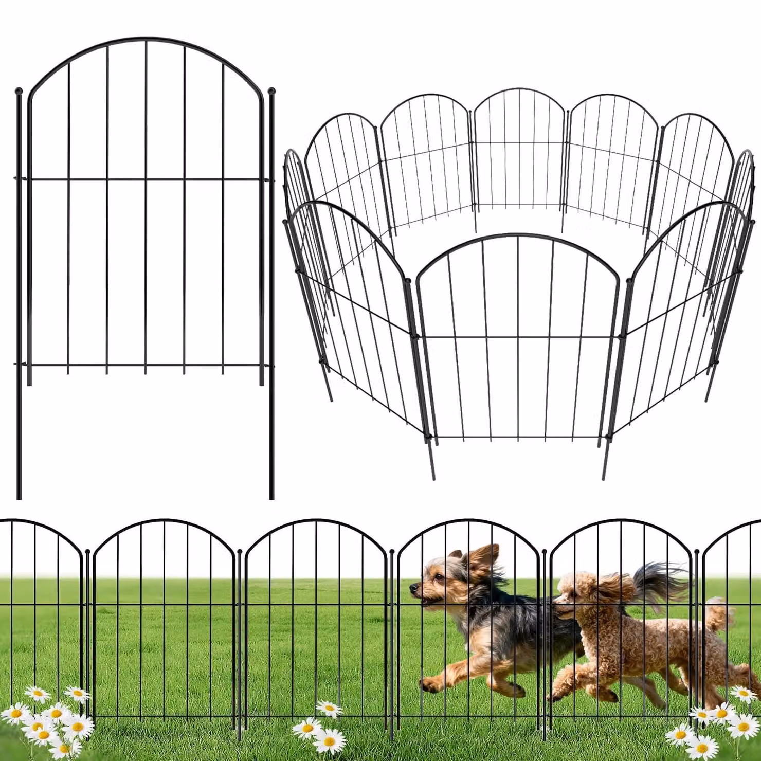 Recinzione per giardino senza scavo Bamworld, 43 cm x 3 m, barriera metallica in acciaio inossidabile per proteggere gli animali, 10 pannelli decorativi curvi per cani, adatti per aiuole, giardini, terrazzi e decorazioni per esterni