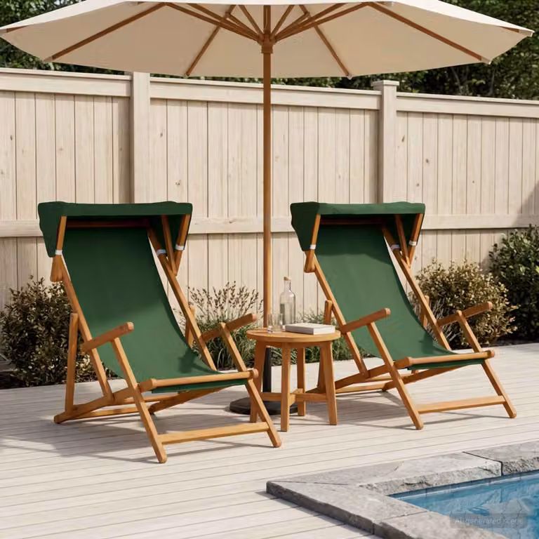 Set di 2 lettini prendisole vidaXL in legno di eucalipto massello con schienale regolabile e tessuto verde resistente ai raggi UV
