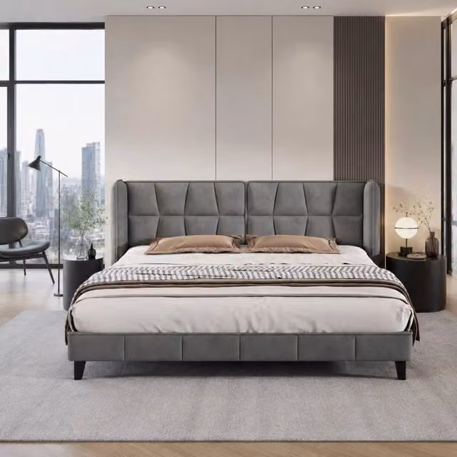 Letto imbottito 180x200 cm con testiera; rete a doghe in legno; velluto grigio