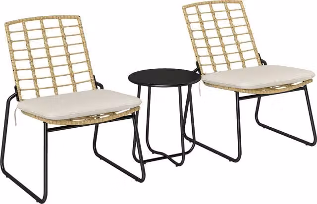 Set bistro da giardino Outsunny composto da 3 pezzi con 2 sedie in rattan e 1 tavolo con piano metallico rotondo, Beige e Marrone