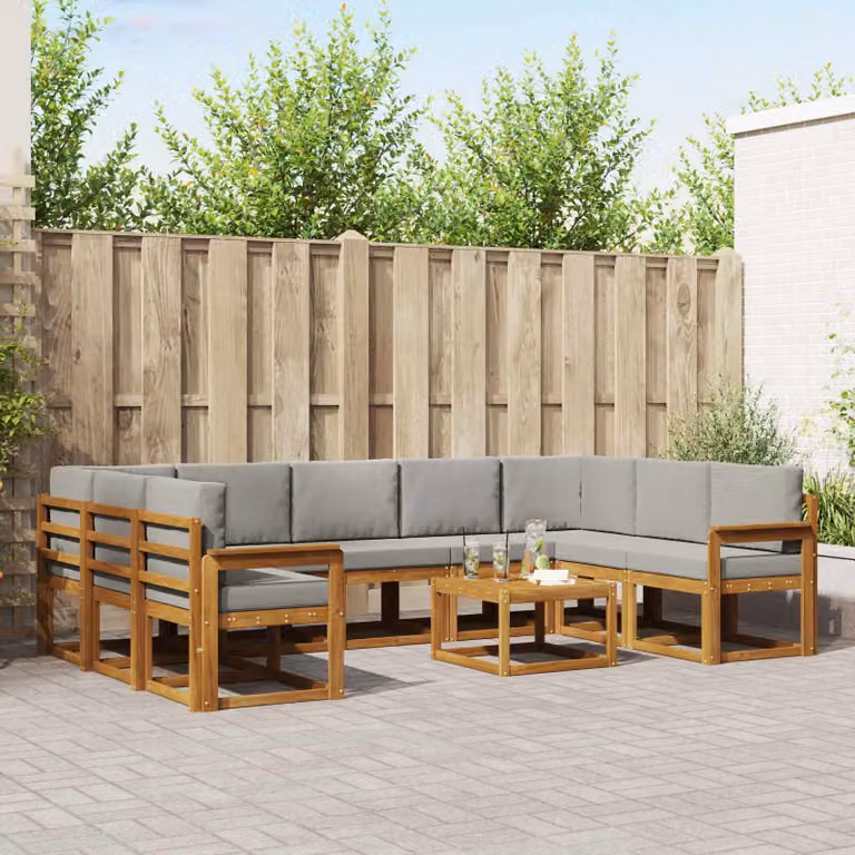 Set di divani da esterno vidaXL a forma di U in legno di acacia con cuscini, Grigio e Marrone
