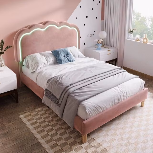 Letto Singolo Imbottito Minimal con Testiera Regolabile LED in Velluto Rosa L/P/H: 90 x 200 cm