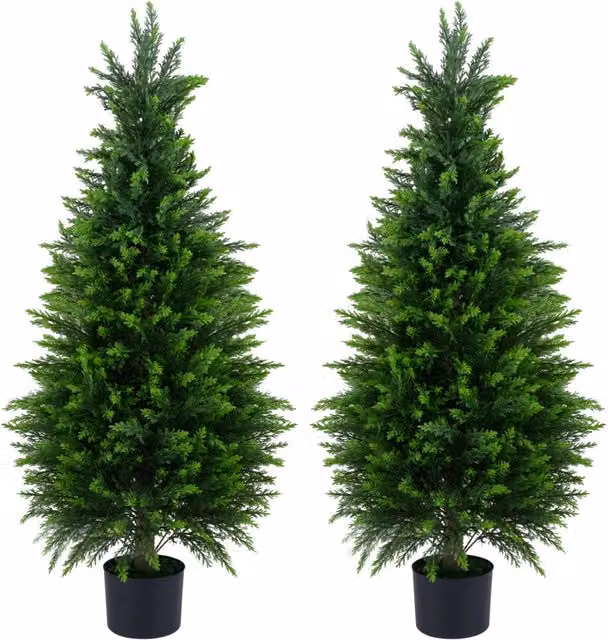 Set di 2 alberi artificiali di cedro verdi con vaso in cemento e base in acciaio, piante topiaria finte resistenti al sole, Altezza: 120 cm