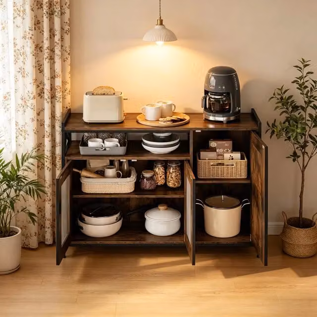 Credenza da cucina con vano aperto; 2 ante e ripiani regolabili in legno e metallo marrone rustico 110 × 33 × 75 cm
