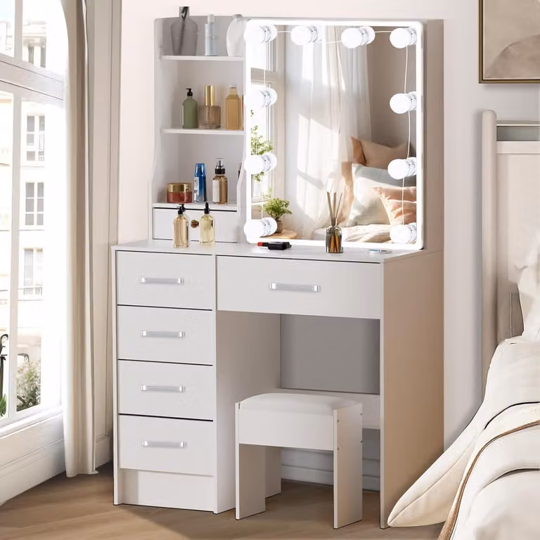 Tavolino da toilette con illuminazione a LED, sgabello, 10 lampadine
