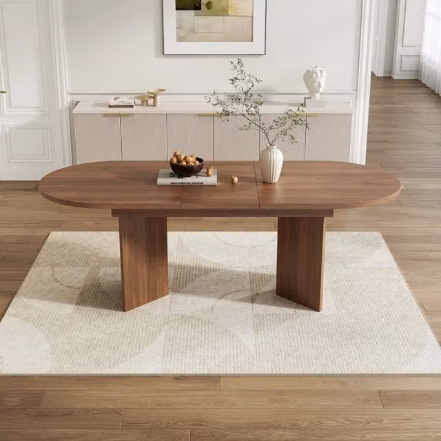 Tavolo da pranzo allungabile con angoli arrotondati; finitura noce; MDF