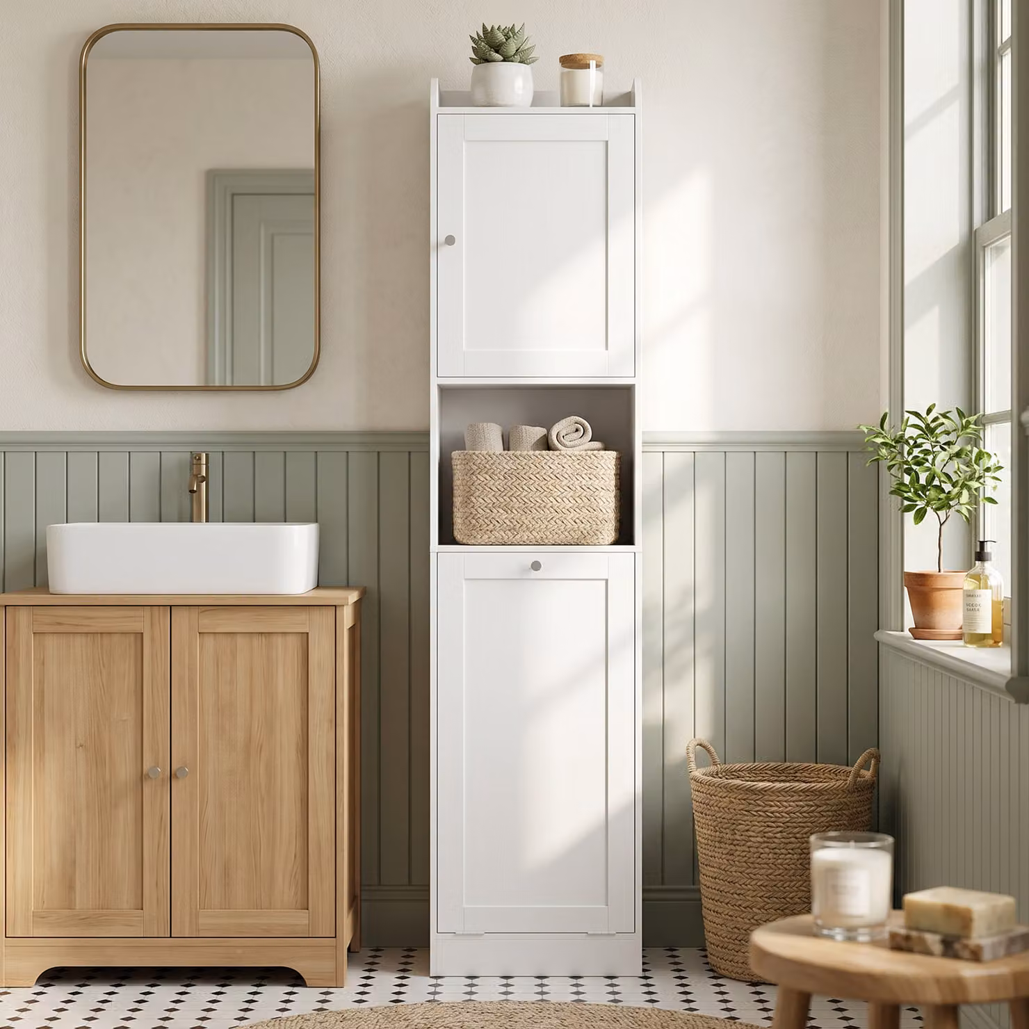 Mobiletto Salvaspazio per Bagno HOMCOM Bianco con Mensole Interne e Cesto Ribalta – 2