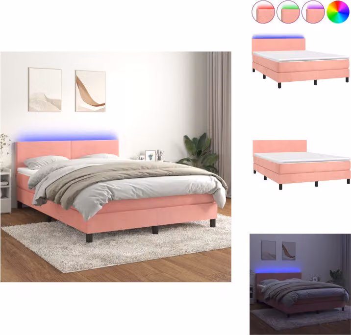 vidaXL Letto a molle con materasso e LED in velluto rosa 140x190 cm - Letti & strutture letto