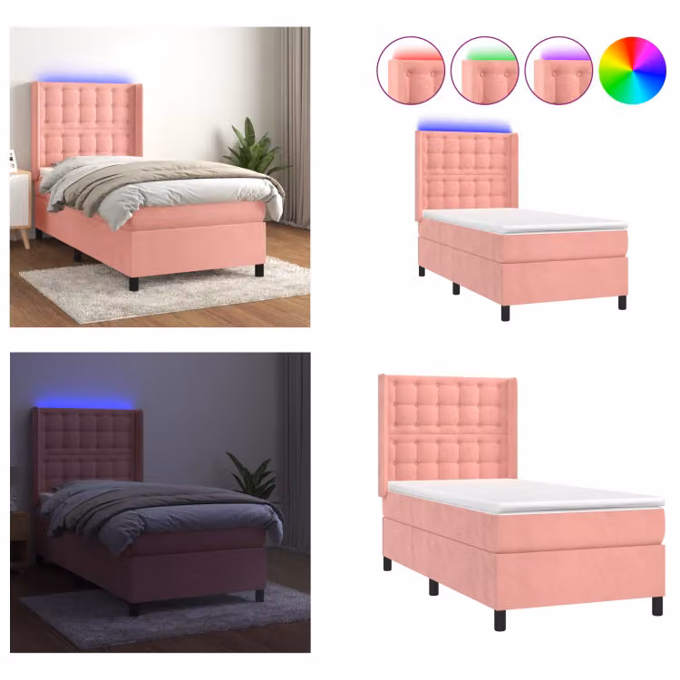 vidaXL Letto a molle con materasso e LED rosa 80x200 cm in velluto - Letto a molle - Letti a molle - Letto - Mobili da camera da letto