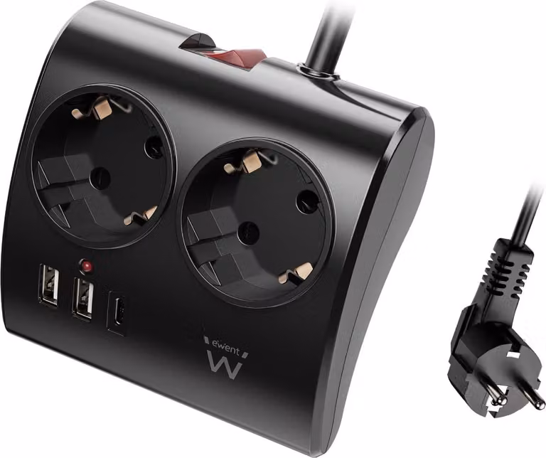 Spina Ewent di Mesa con 2 prese Schuko e 2 connessioni USB-A e 1 USB-C, interruttore on/off da 3680W, protezione da sovraccarico, spina Schuko da 16 A e cavo da 1,5 m, colore nero