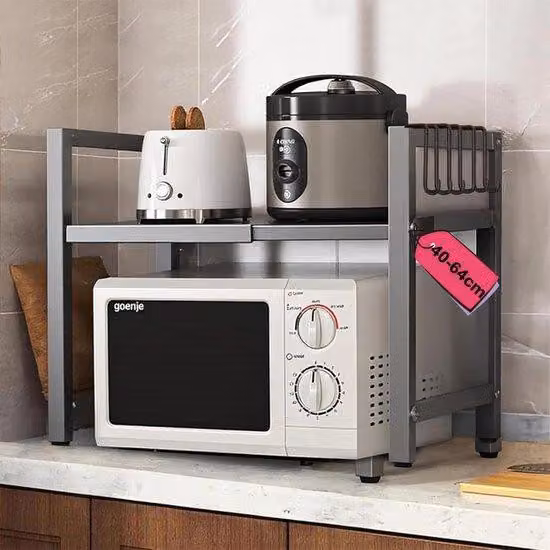 Ibenzoa®: Scaffale regolabile a 2 livelli per la cucina, da 40 a 65 cm, ideale per il microonde, struttura in metallo con rivestimento in acciaio inossidabile, 6 ganci rimovibili, capacità di carico fino a 165 libbre