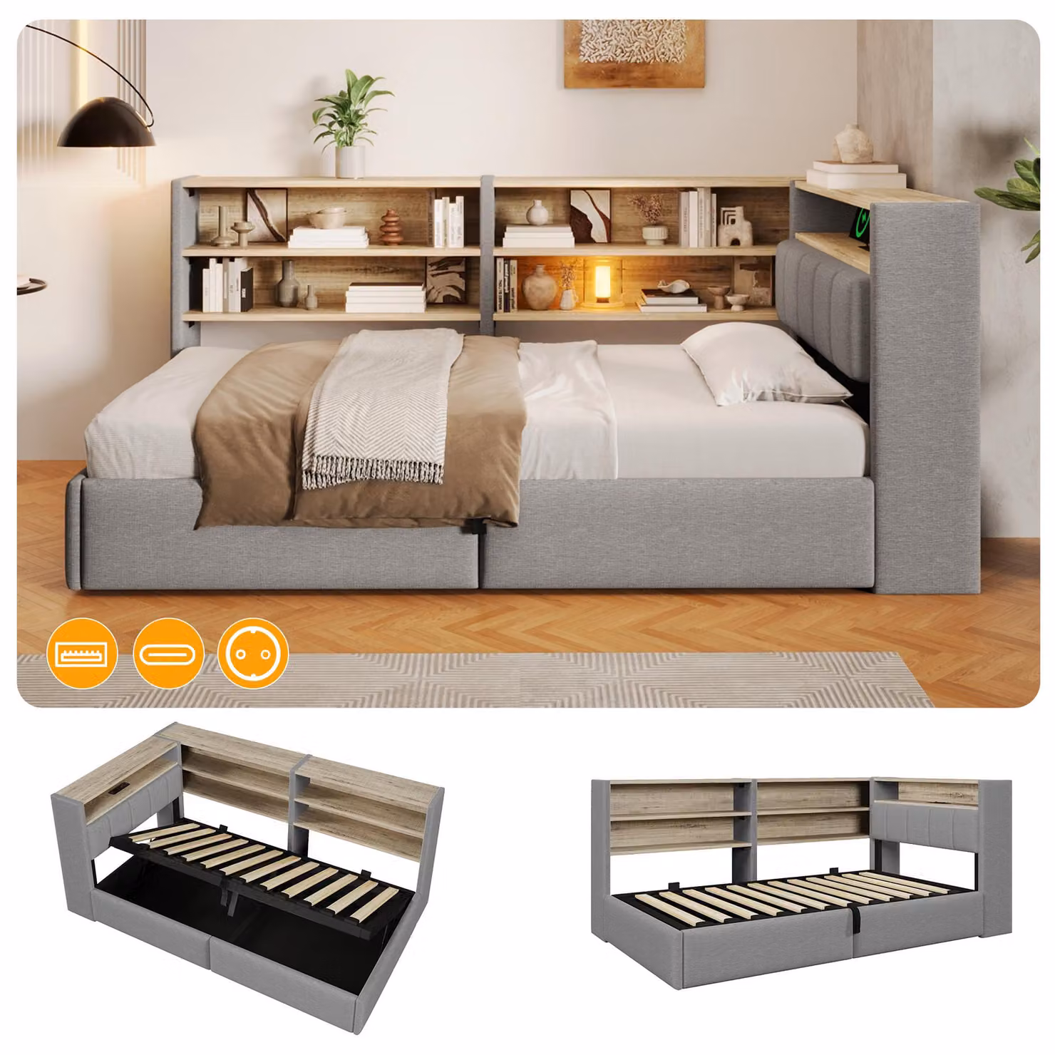 Divano letto 90 x 200 cm con spazio contenitore a pistone idraulico, luci LED RGB, porte USB-A/USB-C, ripiano laterale montabile in modo flessibile, rivestito in velluto, colore grigio/bianco