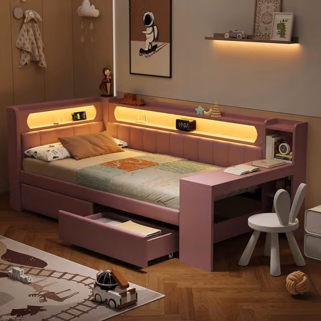 Letto imbottito 90x200 rosa - Xylo - USB LED