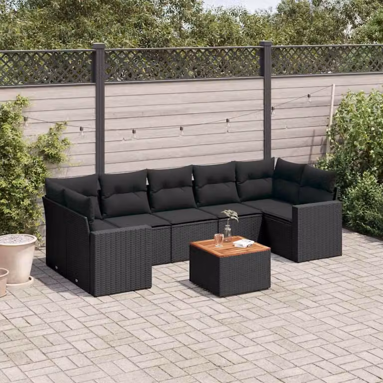 vidaXL Set Divani da Giardino a L in Polyrattan Nero con 8 Cuscini e Tavolino da Esterno