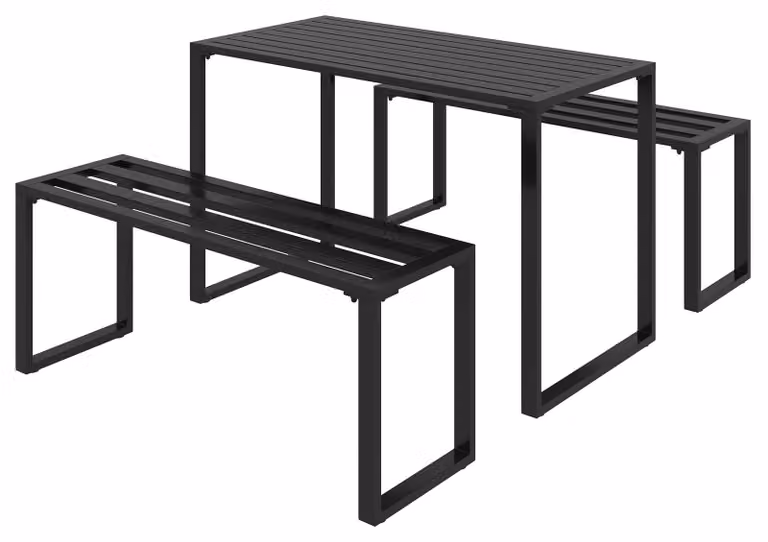 Set di mobili da esterno 3 pezzi. Set fisso da giardino composto da tavolo e 2 panche in metallo nero 110 x 55 x 70 cm