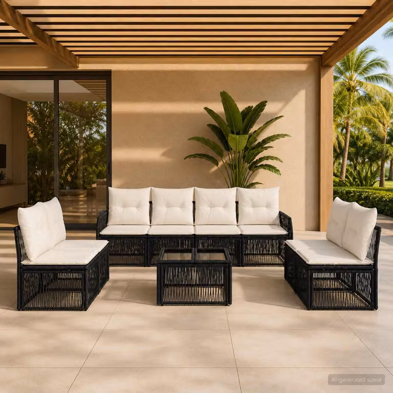 Set Divano da Giardino vidaXL 9 Pezzi Moderno a Forma di L con Tavolino e Pouf, Colore Nero e Bianco Crema, Struttura in Metallo e Polyrattan con Cuscini Imbottiti