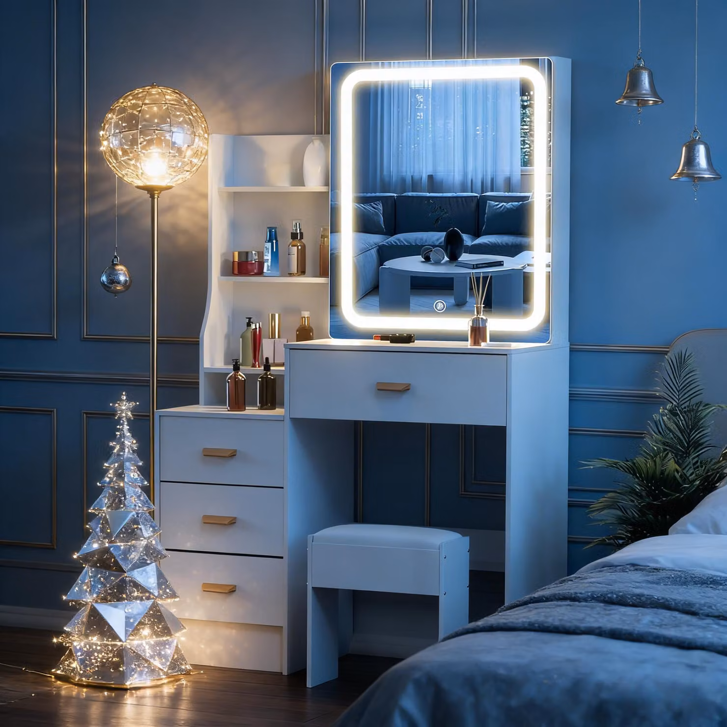 Comò con specchio a LED - Bianco - 90x40x140 cm - MDF