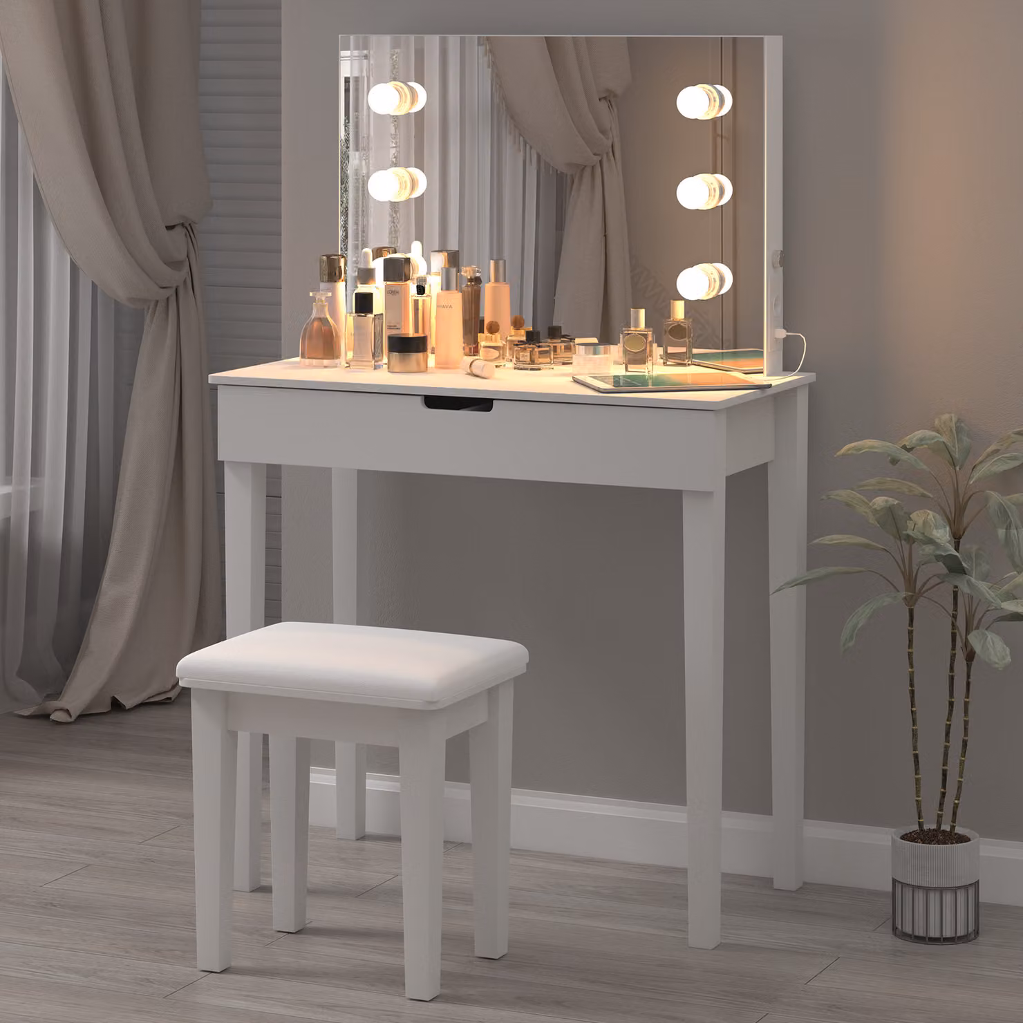 Tavolino da toilette AIORBER, con specchio rimovibile, luci LED luminose, connessione USB, ampio spazio per riporre oggetti, adatto alle camere da letto, 125 x 40 x 80 cm, bianco