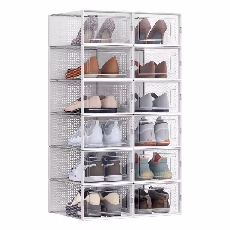 Scatole per Scarpe Pieghevoli e Impilabili, Trasparente + Bianco / 33,3 x 23 x 14 cm