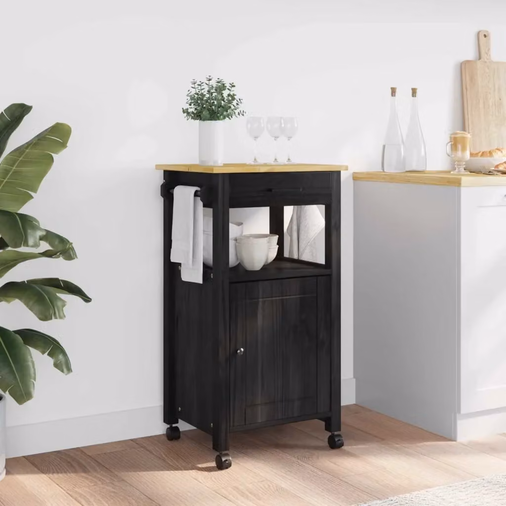 Carrello da cucina moderno MONZA nero con ripiani in legno di pino e ruote L/P/H: 48 x 40 x 88,5 cm – 2