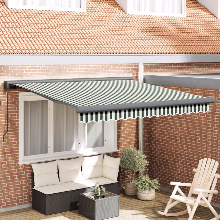 Tenda retrattile vidaXL con bracci pieghevoli in alluminio e poliestere, Verde e Bianco, L: 350 cm x P: 250 cm