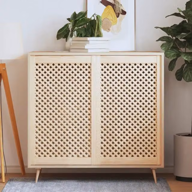 Coppia di ante in legno di pino con design geometrico a reticolo vidaXL, colore beige, L: 59,5 cm x H: 99 cm