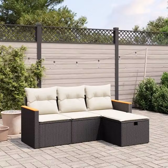Set di Divani da Giardino a Forma di L vidaXL con Cuscini e Ottoman, Colore Nero e Bianco – 1