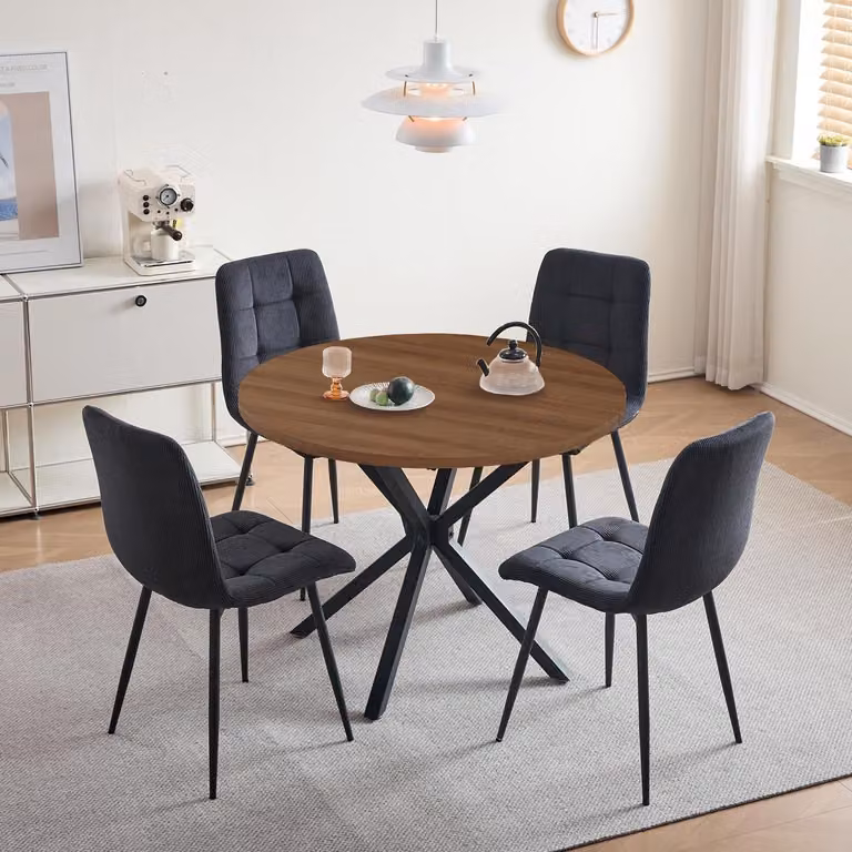 Set da pranzo 4 posti, colore grigio scuro, con tavolo rotondo da 100 cm e finitura in legno chiaro