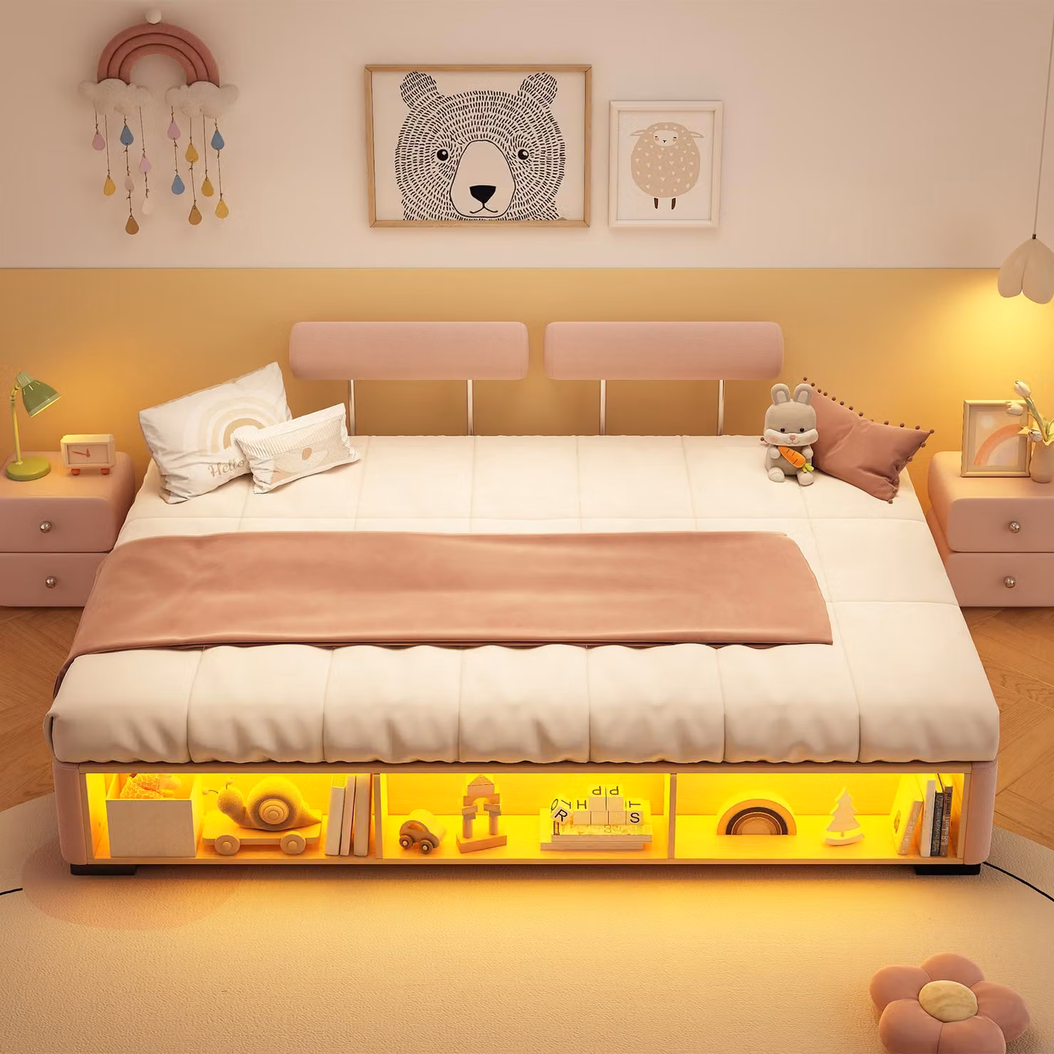 Letto per bambini Merax, modello imbottito, 140x200 cm, con luci LED e ripiano laterale; letto per adolescenti con spazio contenitivo aperto e poggiatesta regolabili, design basso, colore rosa
