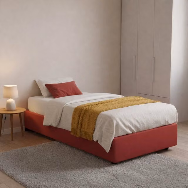 Letto singolo contenitore Avova Talamo Italia con materasso incluso, rivestimento in tessuto rosso, apertura frontale, L 80 cm x P 200 cm