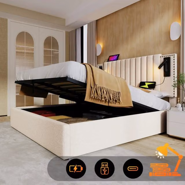 Letto matrimoniale imbottito con contenitore; testiera regolabile con rivetti; luci da lettura e porte USB; cotone beige; 180x200 cm; senza materasso