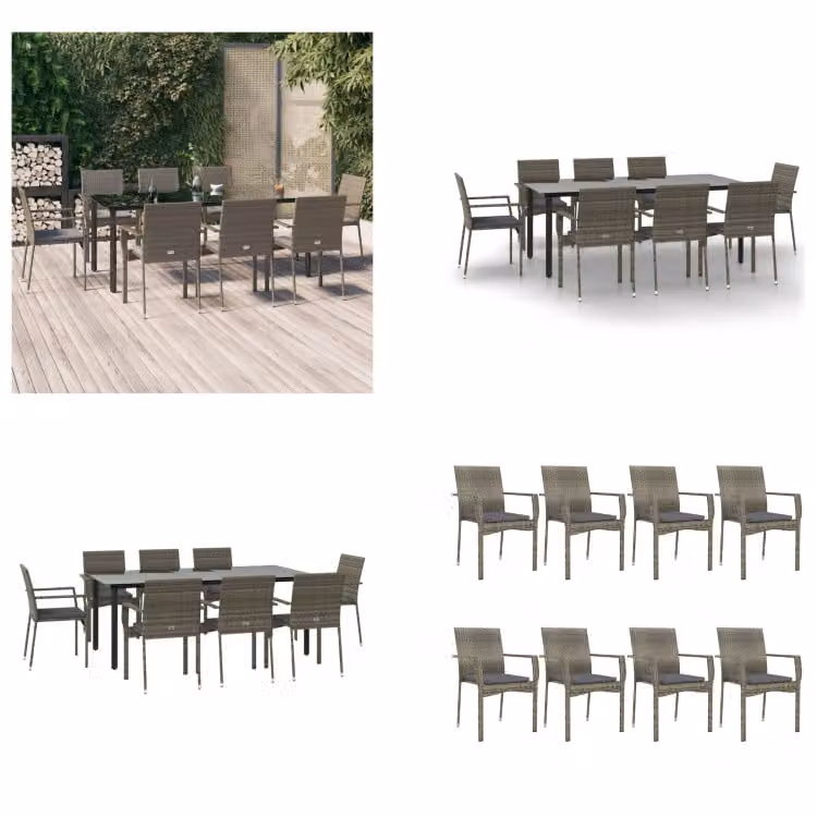 vidaXL Set da pranzo da giardino 9 pezzi con cuscini in poly rattan nero e grigio - Set da pranzo da giardino - Set da pranzo da giardino - Set da pranzo da terrazza