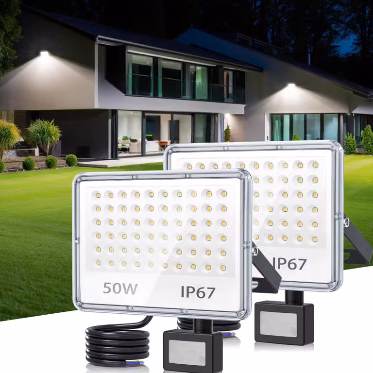 Lampada a LED con sensore di movimento, 50 W, set da 2, 5000 lumen, grado di protezione IP67