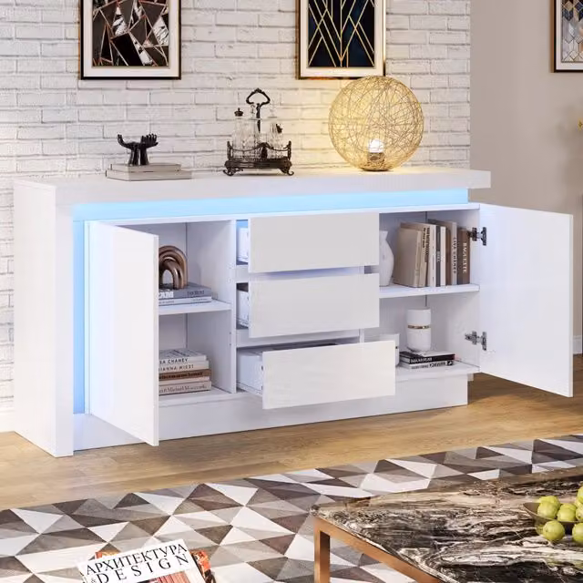 Credenza LED con 2 ante, 3 cassetti e ripiani regolabili, finitura lucida, per soggiorno, bianco, 140 × 35 × 72 cm