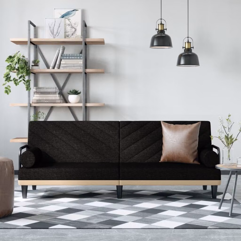 vidaXL Divano Letto Moderno con Braccioli in Tessuto Nero L: 205 cm, P: 89 cm, H: 70 cm